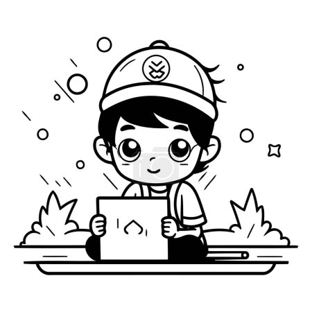 Téléchargez les illustrations : Dessin animé noir et blanc illustrant un garçon tenant une boîte de nourriture - en licence libre de droit