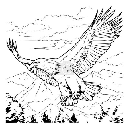 Téléchargez les illustrations : Aigle volant dans les montagnes. Illustration vectorielle noir et blanc. - en licence libre de droit
