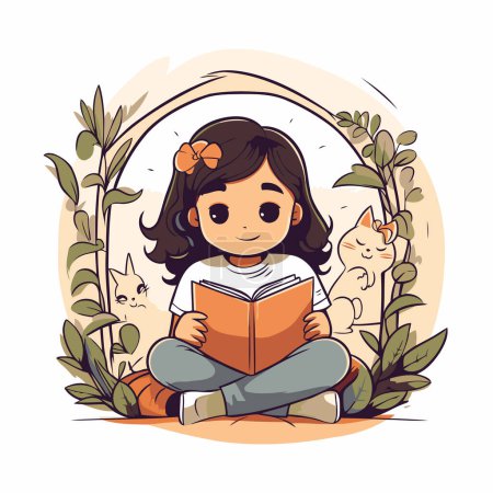 Téléchargez les illustrations : Jolie petite fille lisant un livre dans le jardin. Illustration vectorielle. - en licence libre de droit