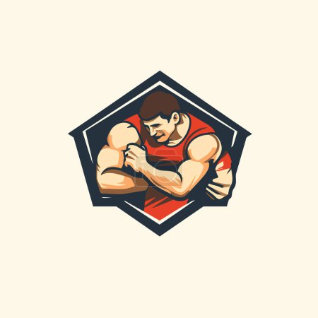 Illustration for Bodybuilding emblem with strong muscular man. Vector illustration in flat style. - Royalty Free Image