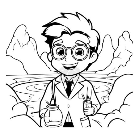 Illustration for Black and White Cartoon Illustration of Scientist Character with Glasses for Coloring Book - Royalty Free Image