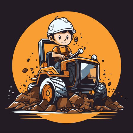 Téléchargez les illustrations : Illustration d'un garçon conduisant un tracteur sur les rochers. Illustration vectorielle. - en licence libre de droit