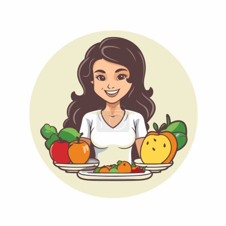 Illustration for Smiling woman with plate of fruits and vegetables. Vector illustration. - Royalty Free Image