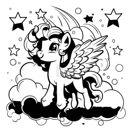 Ilustración de Ilustración de dibujos animados en blanco y negro de lindo personaje animal de fantasía de unicornio con nubes y estrellas para colorear libro - Imagen libre de derechos
