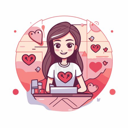 Téléchargez les illustrations : Jolie fille avec ordinateur portable et les cœurs. Illustration vectorielle dans le style dessin animé. - en licence libre de droit