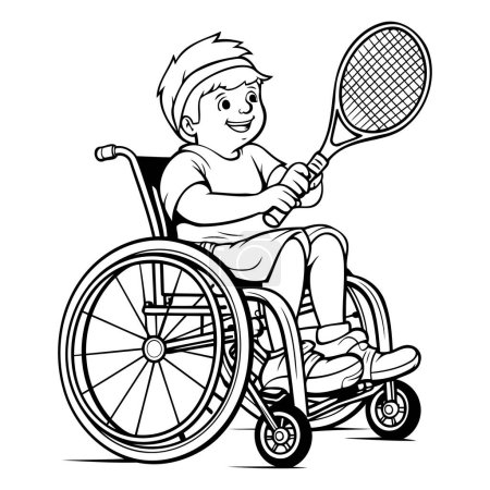 Téléchargez les illustrations : Illustration vectorielle d'un garçon handicapé en fauteuil roulant avec raquette de tennis. - en licence libre de droit