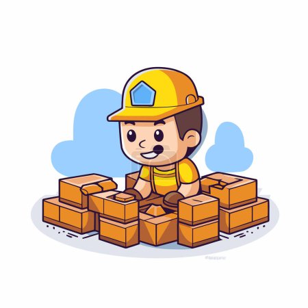 Illustration for Cute little boy building bricks. Construction concept. Vector illustration. - Royalty Free Image