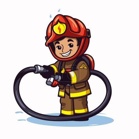 Téléchargez les illustrations : Un pompier de bande dessinée tenant un tuyau d'incendie. Illustration vectorielle. - en licence libre de droit