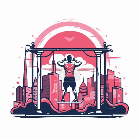 Illustration for Fitness center logo. Vector illustration of a man doing crossfit in the city. - Royalty Free Image