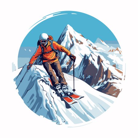 Illustration for Vector illustration of skier with snowboard on top of mountain. - Royalty Free Image