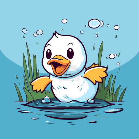 Téléchargez les illustrations : Bonhomme de neige nageant dans le lac. Illustration vectorielle dessin animé mignon. - en licence libre de droit