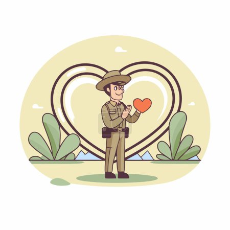 Téléchargez les illustrations : Illustration vectorielle d'un homme en uniforme militaire tenant un cœur. - en licence libre de droit