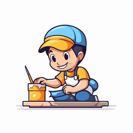 Illustration for Cute little boy painting with paintbrush. Vector cartoon illustration. - Royalty Free Image