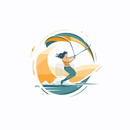 Illustration for Kitesurfing vector logo template. Surfer girl on the surfboard. - Royalty Free Image