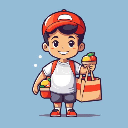 Téléchargez les illustrations : Joli garçon portant des sacs à provisions et des fruits. Illustration vectorielle de dessin animé. - en licence libre de droit