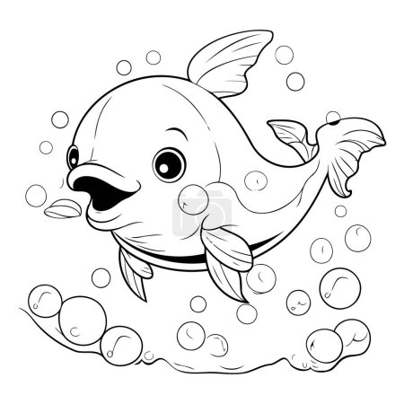 Téléchargez les illustrations : Coloriage Aperçu d'un poisson dessin animé mignon - vecteur - en licence libre de droit