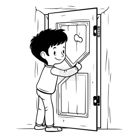 Téléchargez les illustrations : Illustration vectorielle noir et blanc d'un garçon ouvrant la porte d'une maison. - en licence libre de droit