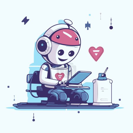Illustration for Vector illustration of a cute robot working on a laptop. Cute cartoon robot character. - Royalty Free Image