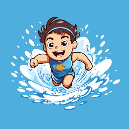 Illustration for Vector illustration of a little boy in a swimsuit jumping on a wave - Royalty Free Image