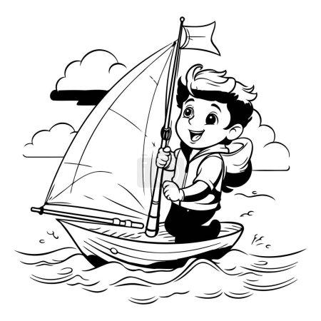 Illustration for Boy sailing on a boat. black and white vector cartoon illustration. - Royalty Free Image