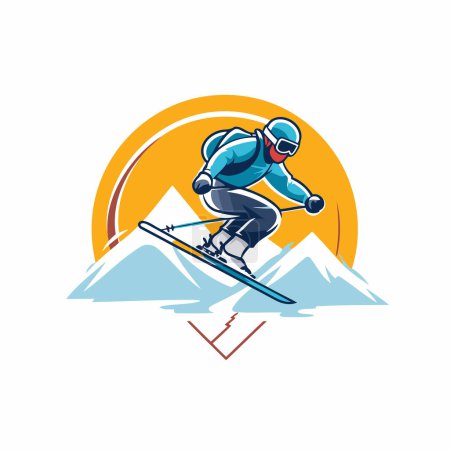 Téléchargez les illustrations : Snowboarder sautant dans les montagnes. Illustration vectorielle du saut en snowboard en montagne. - en licence libre de droit