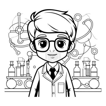 Illustration for Scientist boy cartoon with science elements in black and white vector illustration graphic design - Royalty Free Image