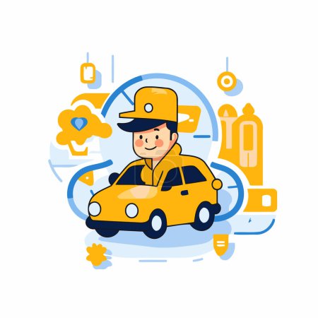 Ilustración de Servicio de taxi. Ilustración vectorial en estilo plano. Coche amarillo con conductor. - Imagen libre de derechos