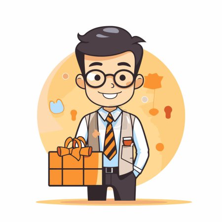 Ilustración de Ilustración vectorial de un hombre de negocios sosteniendo una caja de regalo. Estilo plano. - Imagen libre de derechos