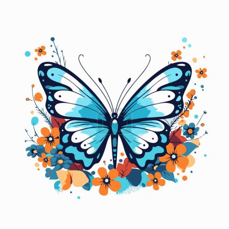 Illustration for Butterfly with flowers and butterflies on a white background. Vector illustration. - Royalty Free Image