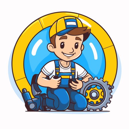 Illustration for Cartoon mechanic boy sitting with gear wheel and wrench. Vector illustration. - Royalty Free Image