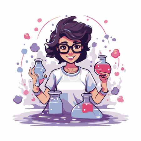 Illustration for Scientist woman with test tubes. Vector illustration in cartoon style. - Royalty Free Image