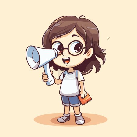 Téléchargez les illustrations : Illustration vectorielle d'une jolie fille tenant un mégaphone. style dessin animé. - en licence libre de droit