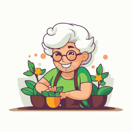 Téléchargez les illustrations : Jardinage grand-mère. Illustration vectorielle en style dessin animé sur fond blanc. - en licence libre de droit