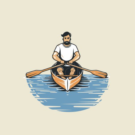 Illustration for Man rowing on a boat. Vector illustration in retro style. - Royalty Free Image
