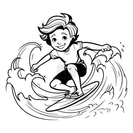 Illustration for Boy surfing. Black and white vector illustration for coloring book or page. - Royalty Free Image
