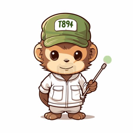 Ilustración de Lindo mono de dibujos animados en una gorra con un palo. Ilustración vectorial - Imagen libre de derechos