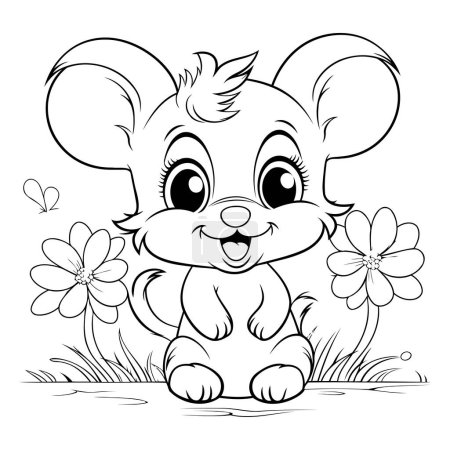 Téléchargez les illustrations : Mignonne souris dessin animé avec des fleurs. Illustration vectorielle pour livre à colorier. - en licence libre de droit
