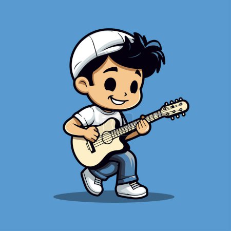 Ilustración de Cartoon boy tocando la guitarra. Ilustración vectorial de un niño tocando la guitarra. - Imagen libre de derechos