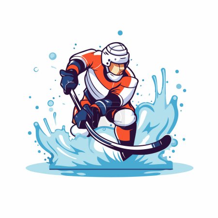 Illustration for Ice hockey player with stick and puck. Vector illustration on white background. - Royalty Free Image