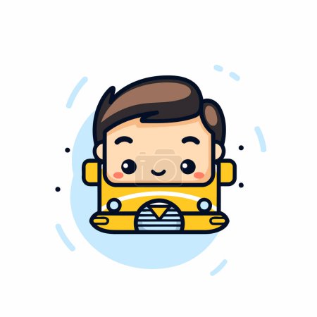 Téléchargez les illustrations : Joli garçon conduisant un bus scolaire. Illustration vectorielle de personnage de dessin animé plat. - en licence libre de droit