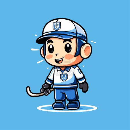 Illustration for Cartoon hockey player. Vector illustration isolated on blue background. Cute cartoon hockey player. - Royalty Free Image