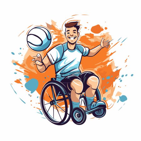 Illustration for Disabled man in wheelchair playing basketball vector illustration. Handicapped man in a wheelchair with ball. - Royalty Free Image