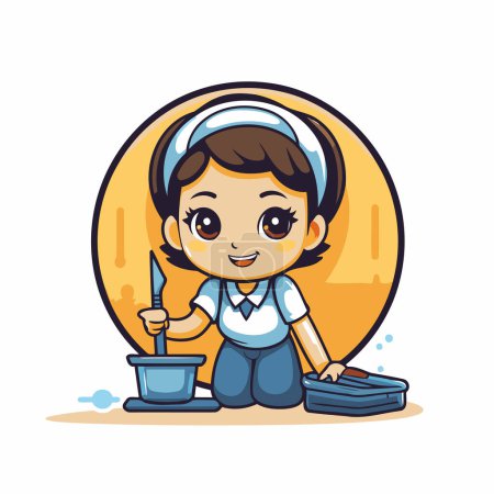 Téléchargez les illustrations : Mignon petit garçon qui nettoie le sol. Illustration vectorielle. - en licence libre de droit