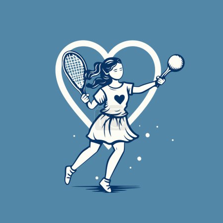 Téléchargez les illustrations : Joueuse de tennis fille avec raquette et balle en forme de coeur. Illustration vectorielle. - en licence libre de droit