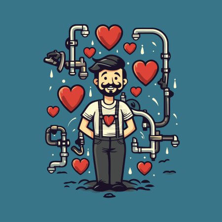 Téléchargez les illustrations : Illustration vectorielle d'un homme amoureux des conduites d'eau et des cœurs. - en licence libre de droit