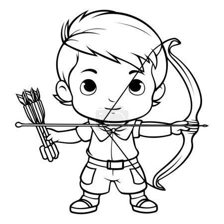 Ilustración de Ilustración de dibujos animados en blanco y negro de Cute Boy con arco y flecha para colorear libro - Imagen libre de derechos