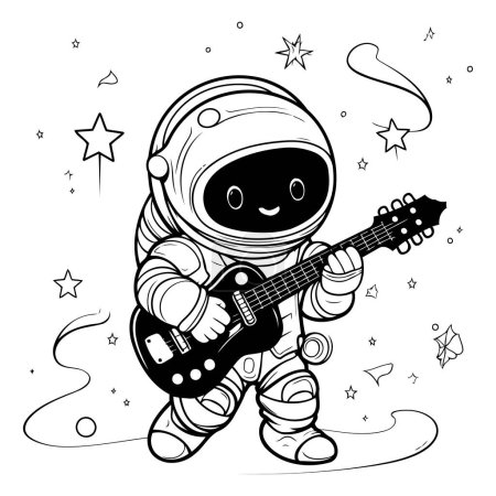 Téléchargez les illustrations : Mignon astronaute dessin animé jouant de la guitare. Illustration vectorielle dessinée main. - en licence libre de droit