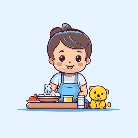 Illustration for Cute little girl washing dishes. Vector illustration in cartoon style. - Royalty Free Image