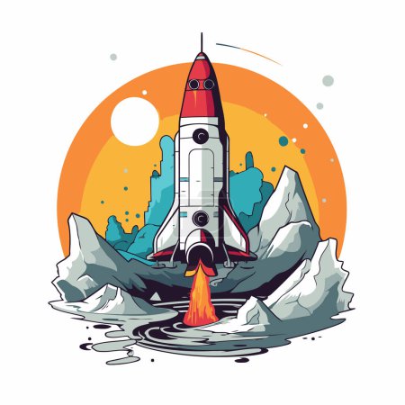 Téléchargez les illustrations : Rocket sur le fond de la lune et de la mer. Illustration vectorielle. - en licence libre de droit