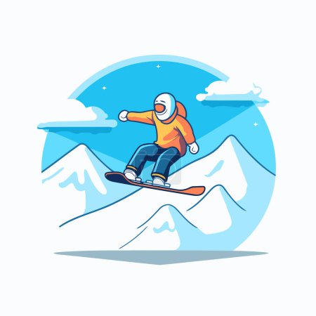 Téléchargez les illustrations : Snowboarder sautant dans les montagnes. Illustration vectorielle en style plat. - en licence libre de droit